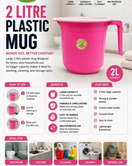 IGBO 2 Litre Plastic Mug with Ergonomic Handle for Bathroom and Household Use